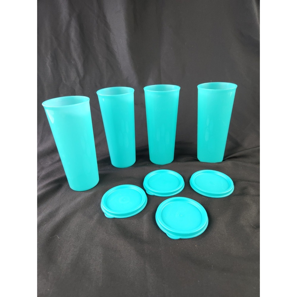 Tupperware 16 oz Straight Edge Tumblers Sheer Mint Aqua Color w/ Seals Tops Caps